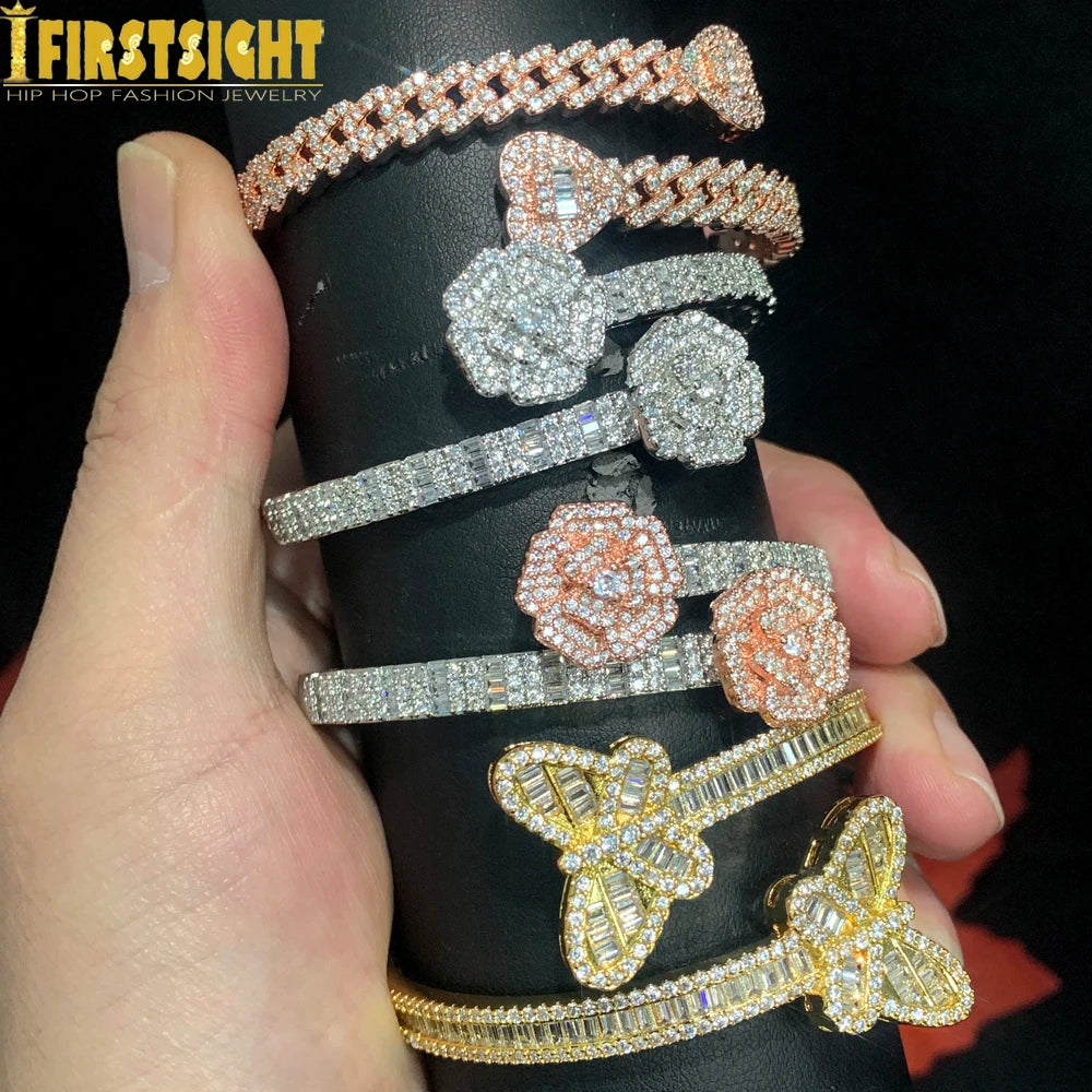 2025 New Iced Out Bling Opened Heart Flower Charm Bracelet AAA CZ Zircon Butterfly Bangle For Men Women Hip Hop Luxury Jewelry