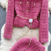 Modphy Autumn Fashion Rose Red Woolen Two Piece Set Women Golden Button Chain Belt Tweed Short Jacket Coat+Split Midi Skirt Suit