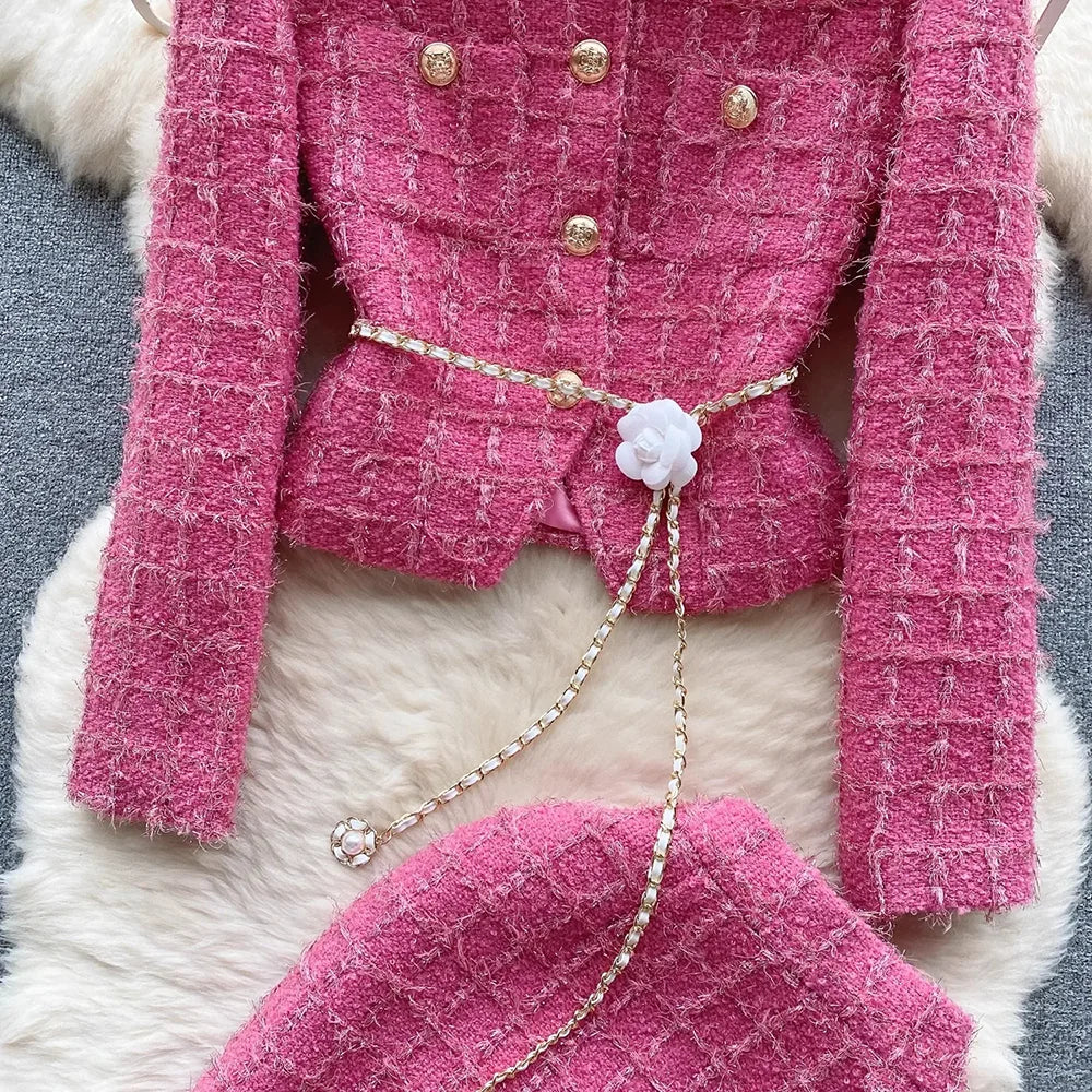 Modphy Autumn Fashion Rose Red Woolen Two Piece Set Women Golden Button Chain Belt Tweed Short Jacket Coat+Split Midi Skirt Suit