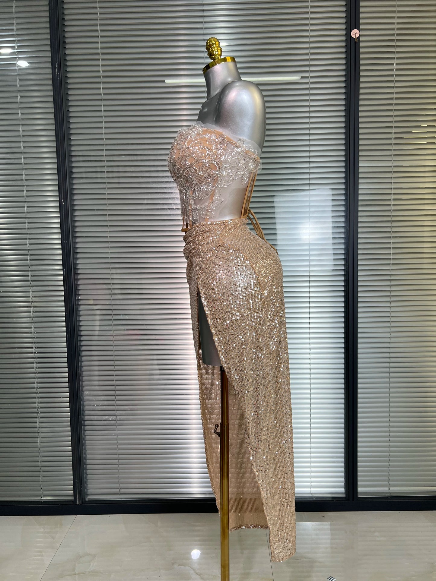 Summer New Women Sexy Strapless Two Pieces Set Glitter Night Club Skirt Suits Laced Singer Dancer Stage Performance Costume