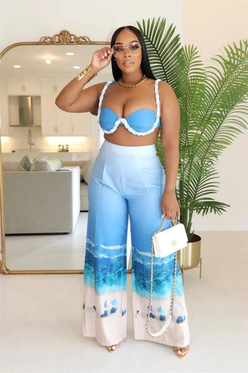 Sexy Nightclub Outfits for Women 2 Piece Set Birthday Vacation Bra Crop Top and Print Wide Leg Pants Matching Sets Beach Wear