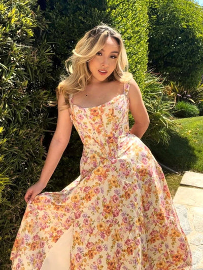 Suninheart Summer Pink Floral Print Corset Dress Midi Elegant Sexy Party Dresses Holiday Birthday Casual A Line Women Clothing