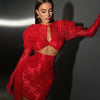 New Sexy Gloves Long Sleeves Cutout Pleated Draped Mini Dress Women Red/White Lace Floral Bodycon Dresses Party Cocktail Club