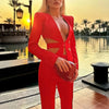 Modphy Red Sexy V-neck Long Sleeve Jacket+High Waist Flare Pants Blazer Set Women'S 2025 New Hollow Out Designer Two-Piece Set