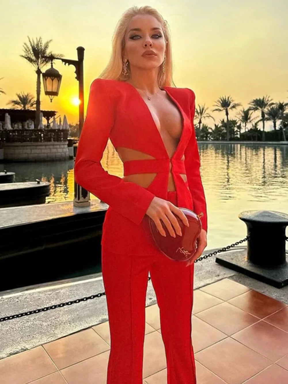 Modphy Red Sexy V-neck Long Sleeve Jacket+High Waist Flare Pants Blazer Set Women'S 2025 New Hollow Out Designer Two-Piece Set