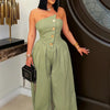 Beyprern New Chic Button Details Palazzo Jumpsuit One Piece Outfits Womens Ruched Strapless Wide Legs Jumpsuits Romper Clubwear