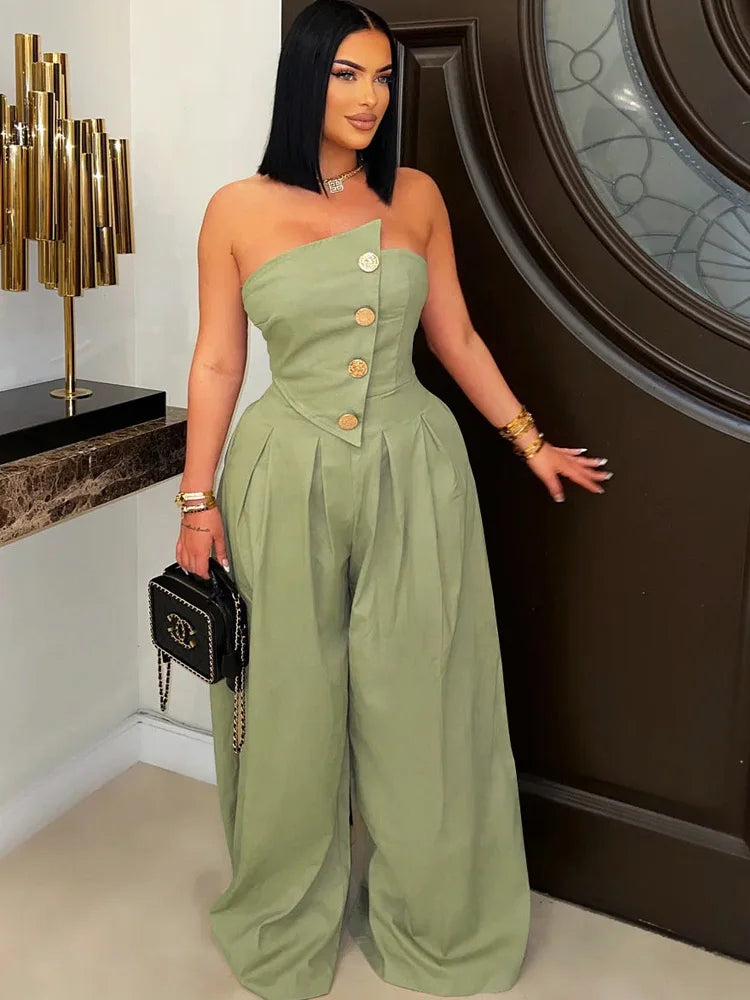 Beyprern New Chic Button Details Palazzo Jumpsuit One Piece Outfits Womens Ruched Strapless Wide Legs Jumpsuits Romper Clubwear
