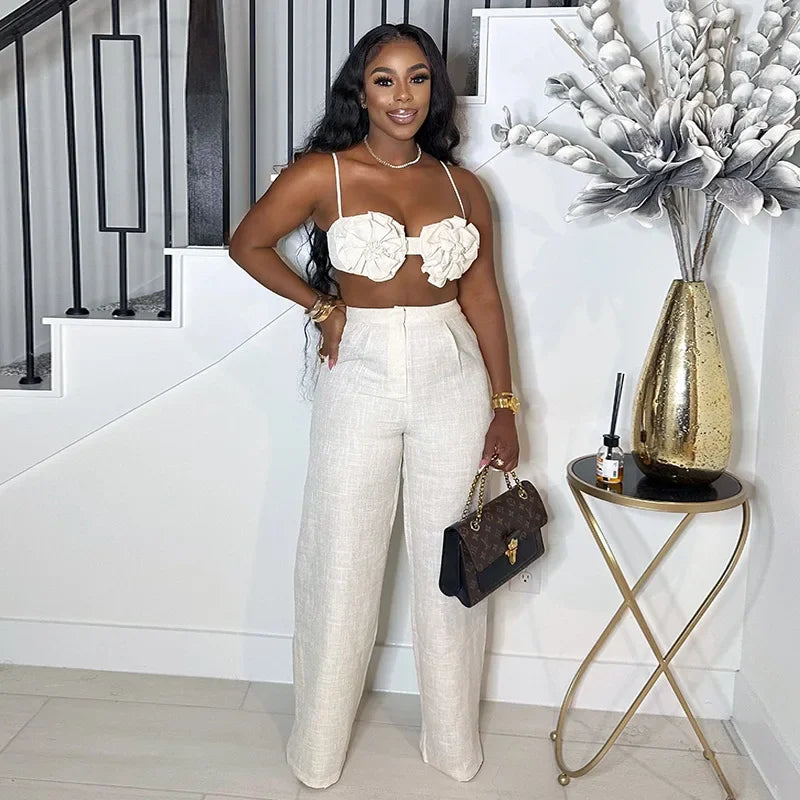 Women's Set Sleeveless 3D Flower Crop Bra Top+Wide Leg Pants Elegant beach holiday Two 2 Piece Set Outfits