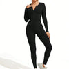 Fall new hot sale sexy bodysuit for women solid color ribbed long sleeve zipper bodycon sporty clothing rompers women's jumpsuit