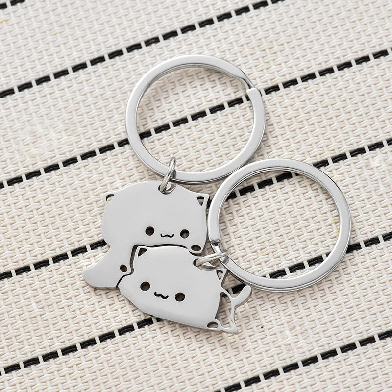 Cute Cat Keychain Stainless Steel Key ring Couple Lover Animal Matching Keyring Pendants Valentine's Day Gift