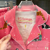 Pink Cartoon Print Pajamas Set Women Soft Sleepwear Cotton Shirt Pant Long Sleeve Autumn Home Clothing Christmas Party Gift