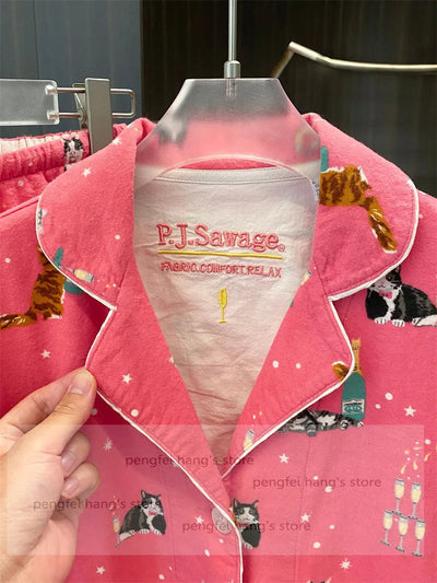 Pink Cartoon Print Pajamas Set Women Soft Sleepwear Cotton Shirt Pant Long Sleeve Autumn Home Clothing Christmas Party Gift