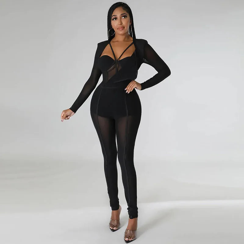 Sexy Mesh Patchwork Sheer Night Club Bodycon Jumpsuit for Women See Through One Piece Rompers Clubwear Party Birthday Outfits