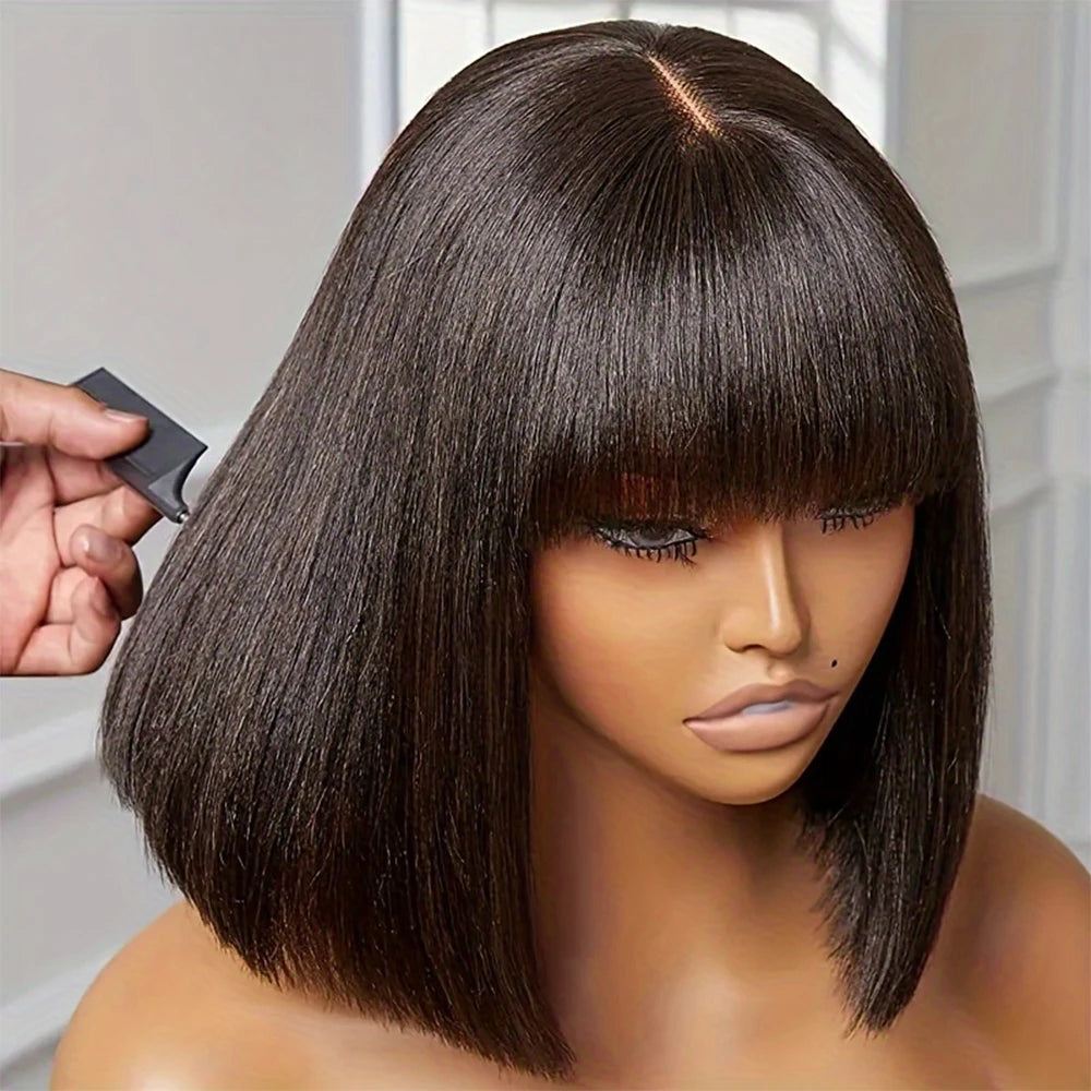 Choice Short Bob Wig Bone Straight 100% Human Hair With Bangs  3x1 Lace Middle Part Wigs For Black Women Bob Wigs
