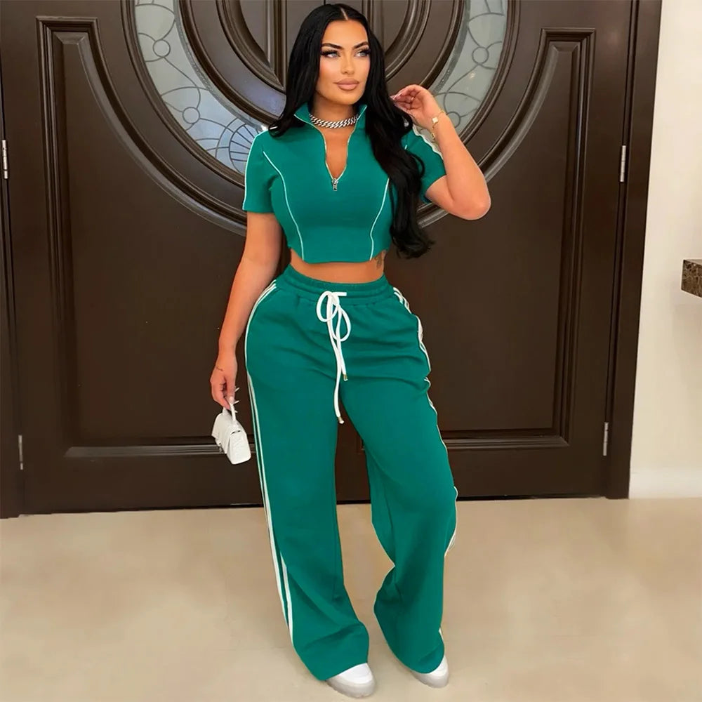 Fashion Casual Short Hoodie 2 Piece Women Summer Zipper Top Short Sleeved Sports T Shirt Stripe Splicing Long Pants Female Suit