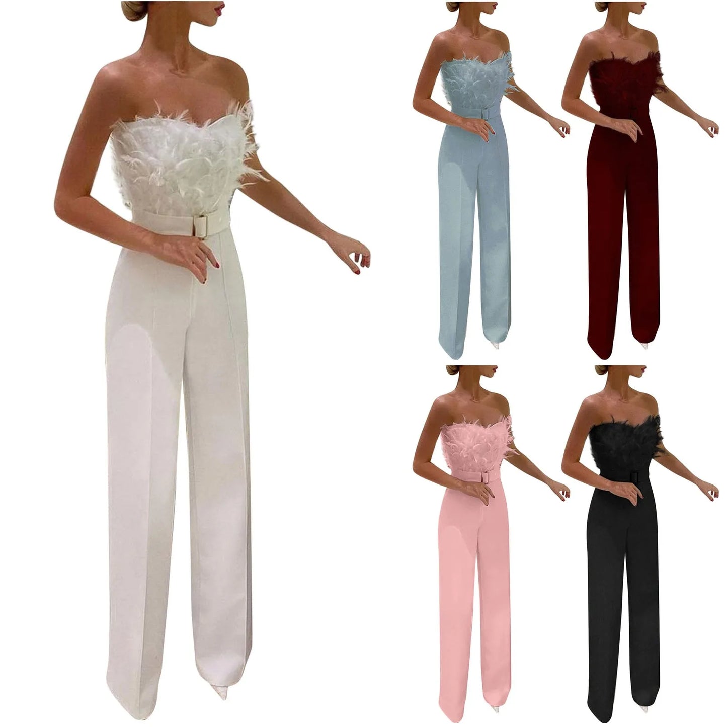 Women Jumpsuit Feather Tube Top Sexy Evening Party Jump Suits Sleeveless High-waisted Straight Playsuits Night Clubwear Overalls