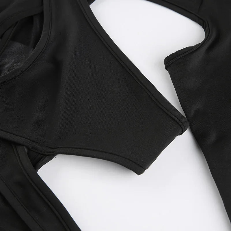 Goth Sexy Solid Color Jumpsuit Women Y2k Hollow Out Cyber Punk Long Sleeve Patchwork Bodysuit Streetwear Emo Alt Rave Outfit