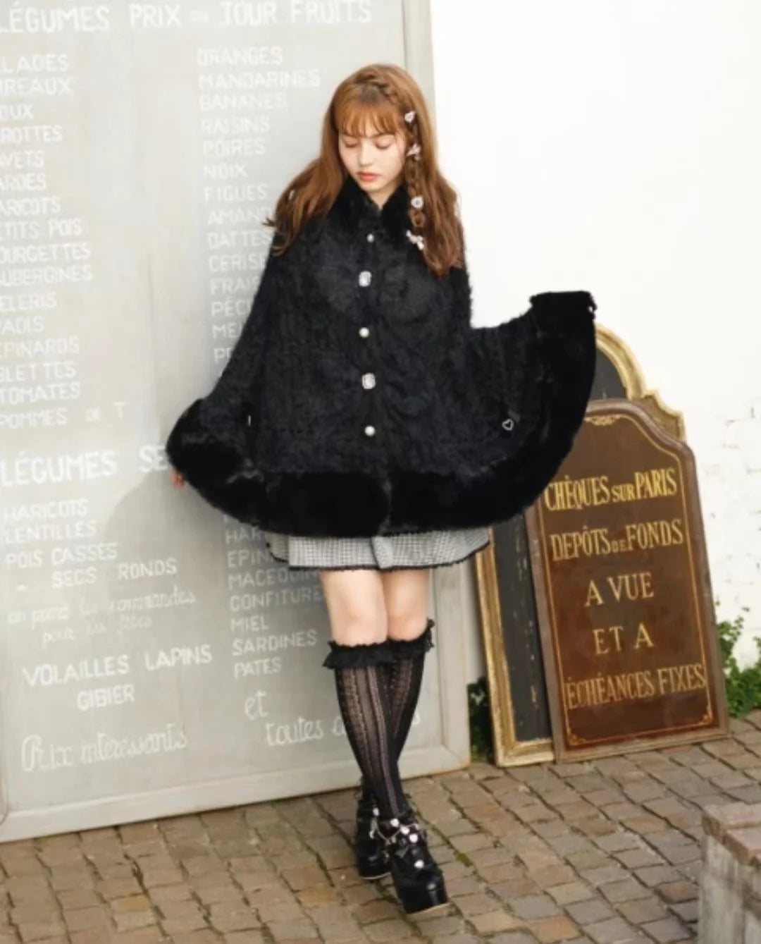 Japanese Liz Sweet Princess Faux Rabbit Fur Cape Coat Women Autumn Winter Fur Jacket Loose Clock Rhinestone Bow Hooded Coat