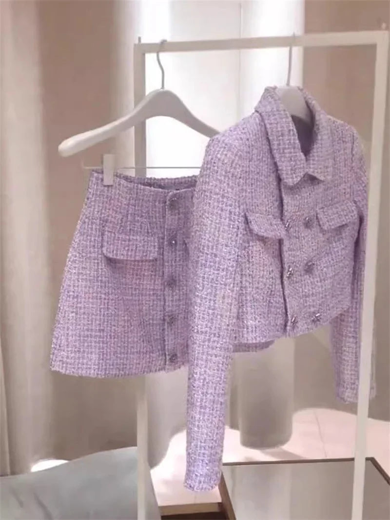 New Luxury High End Tweed Women's Two Pieces Set Elegant Lapel Double Breasted Slim Short Coat + Mini Skirt Fashion Suit