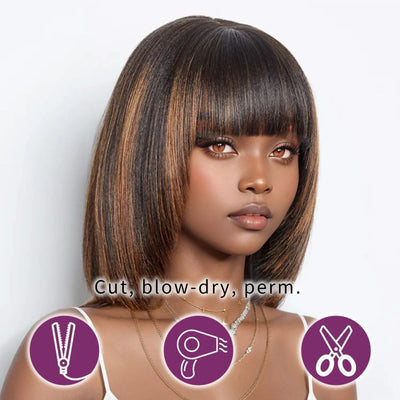 250% Density Straight Bob Wig Human Hair  Wigs with Bangs 2x1 Closure HD Lace Layered Cut Wig Bob Short Wigs Minimalism