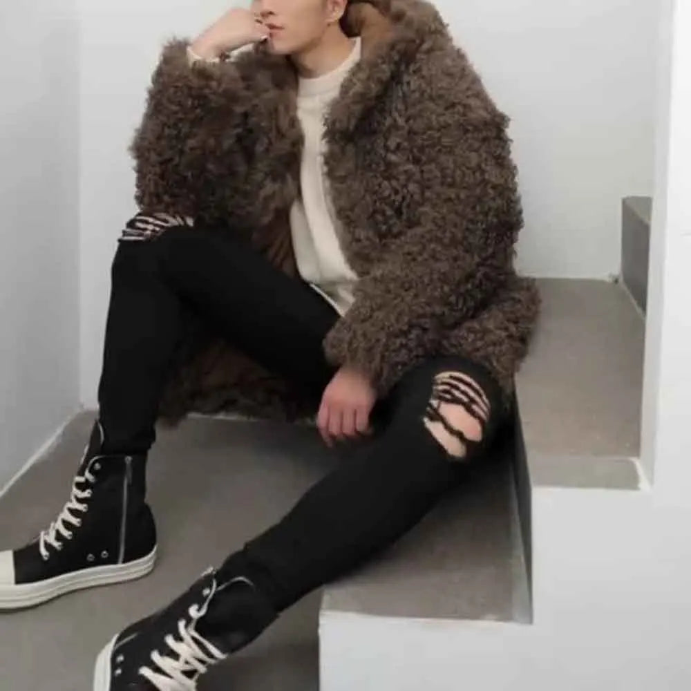 Winter New Men's Solid Color Faux Fur Long-Sleeved Jacket Korean Retro Fashion Trend Street Casual Loose Simple Niche Men's Top