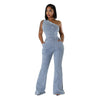 Flare Denim Pants Full Length Women Jeans One Piece Overalls Spliced Solid Jumpsuits Loose Pockets High Waist Basics Washed