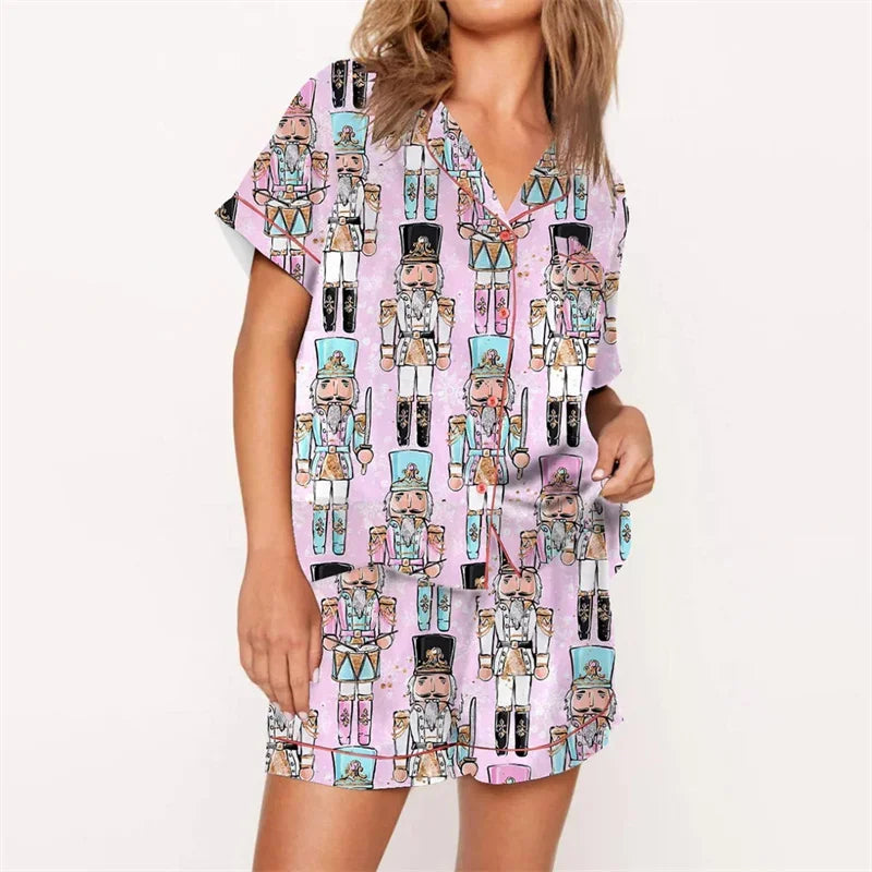 Nutcracker Pajamas Women Christmas Pajama Set Short Sleeve Tops+Elastic Waist Shorts Santa Claus Avatar Print Sleepwear Outfits