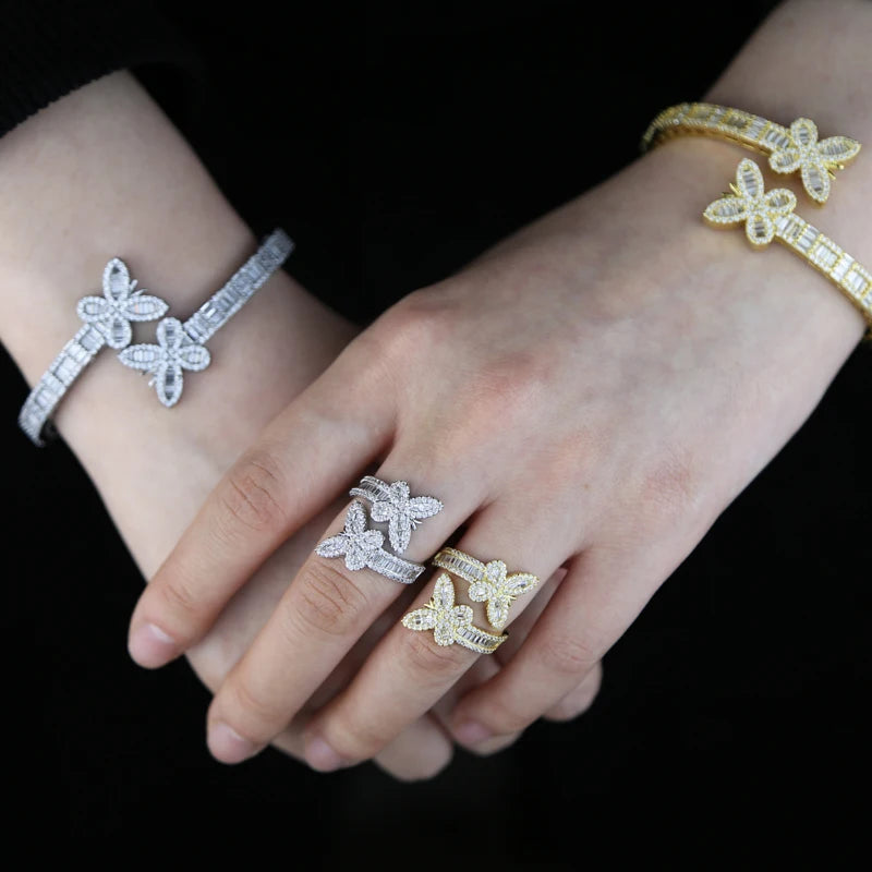 New Iced Out Bling Opened Butterfly Charm Bracelet Silver Color Zircon Insects Bangle For Men Women Hip Hop Luxury Jewelry