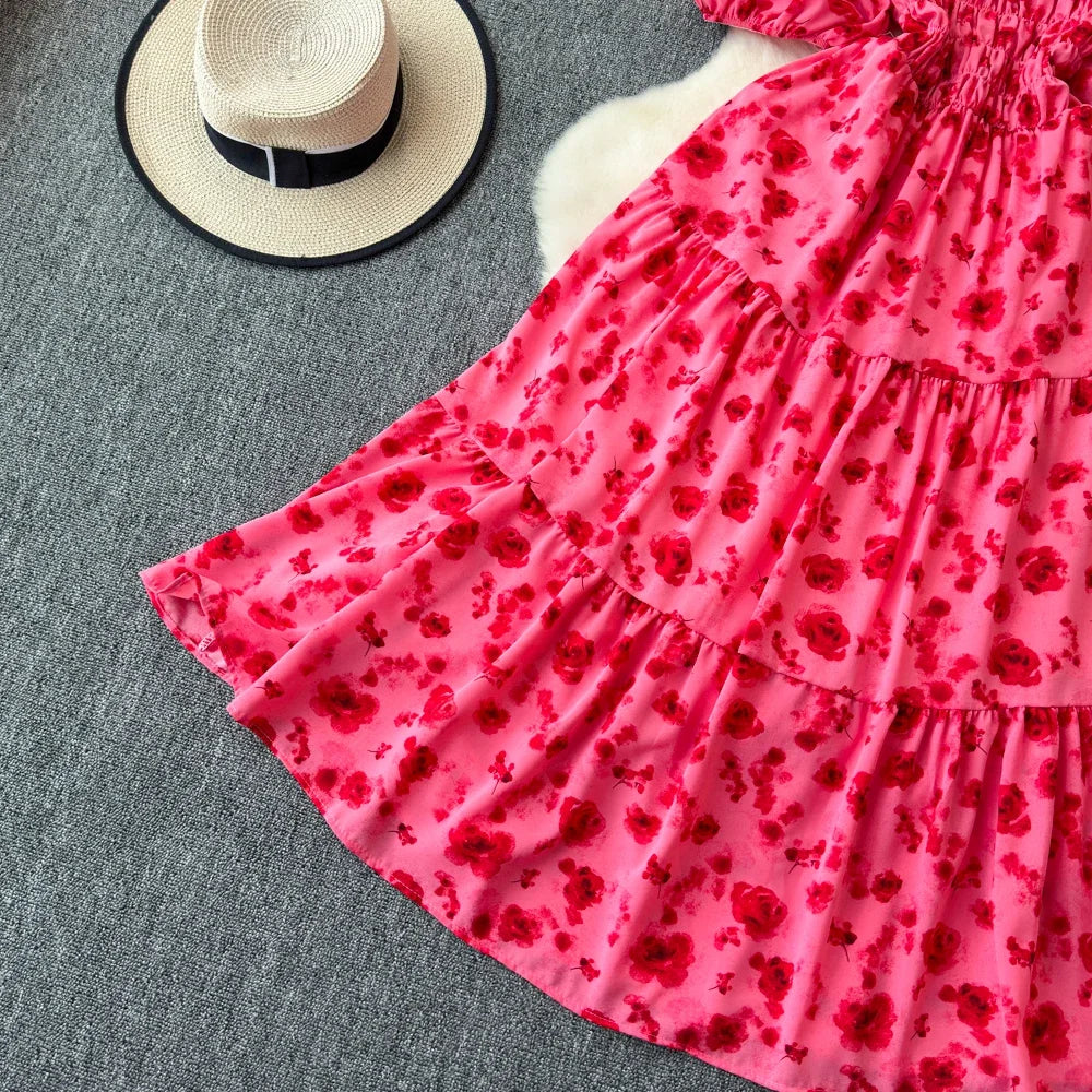 2024 New Summer Flower Print Long Dress Women Vintage Square Neck Ruched Chest Sash Bandage Sundress Party Vestidos
