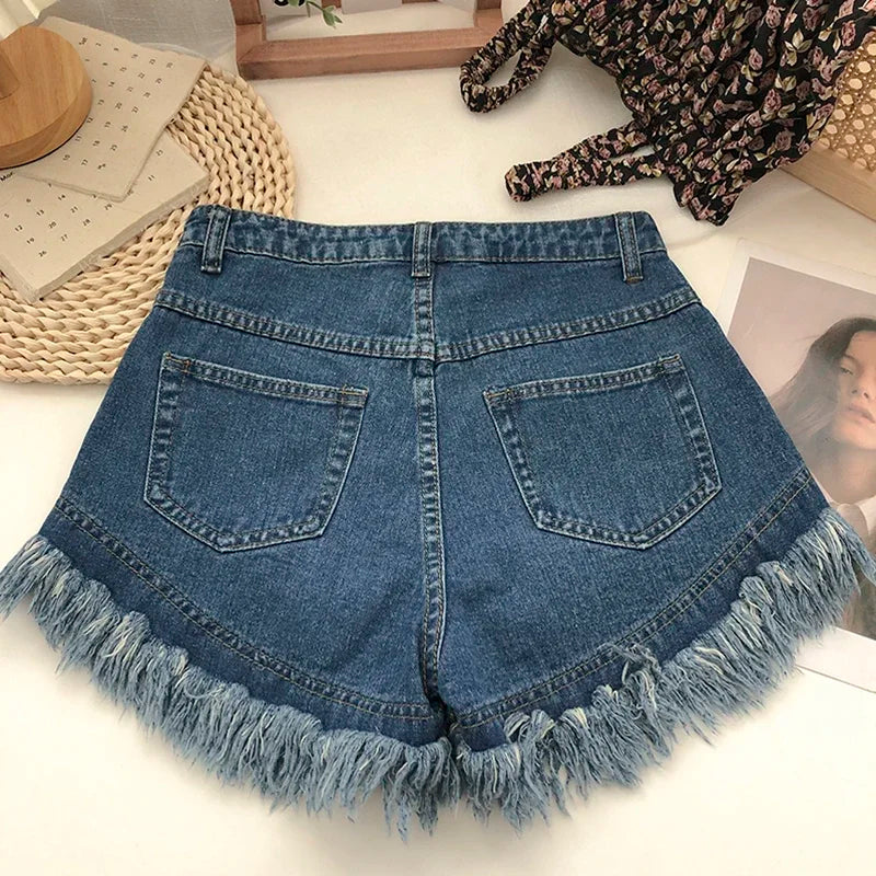 ITOOLIN Women Vintage Tassels Denim Shorts Button Loose High Waist A-line Jean Shorts Casual Women Office Trousers Streetwear