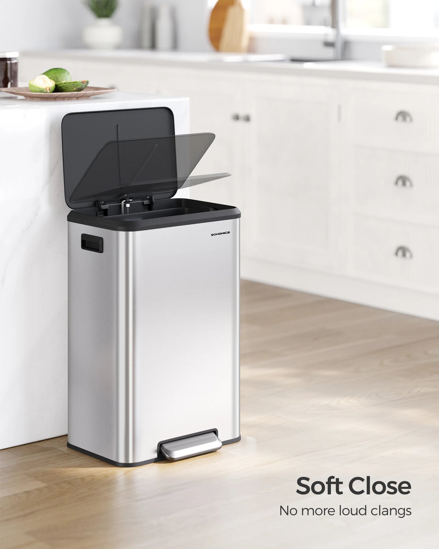 SONGMICS Kitchen Trash Can, 10.5-Gallon (40L) Garbage Can with Lid and Wide Foot Pedal, Soft Close and Stays Open