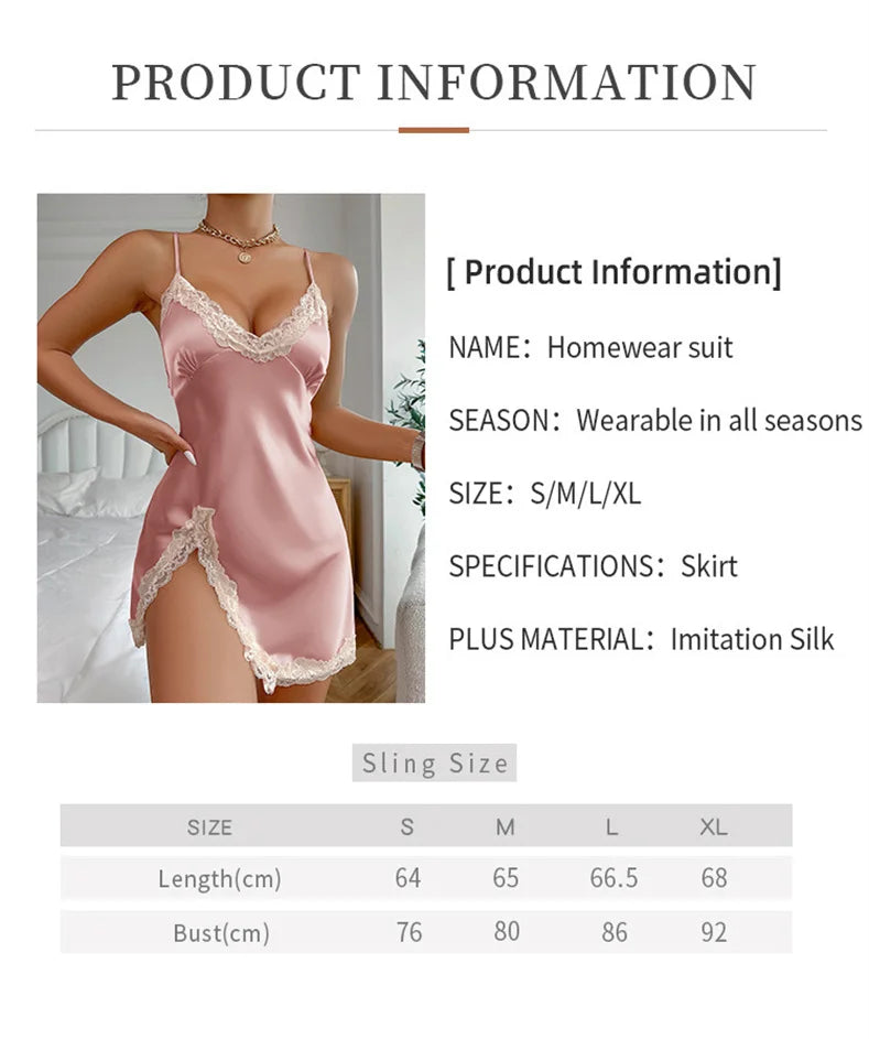 Silk Satin Lace Women Nightgown Sleeveless Cross Back Sleepwear Solid Color Deep V Neck Side Split Pajama Home Dress