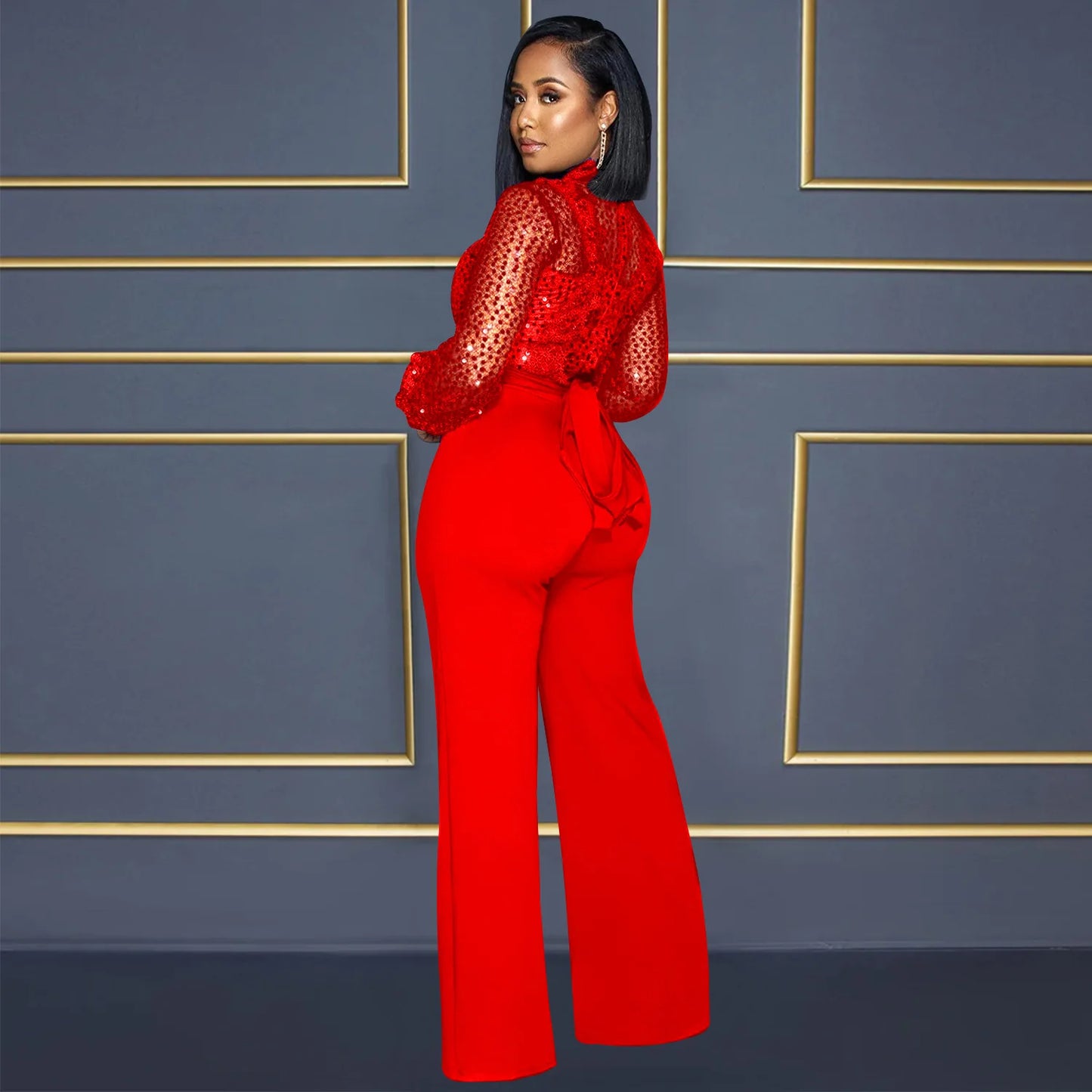 Fashion Women's Clothing Hollow Long-sleeved Loose Wide Leg Jumpsuits Overall Pants Solid Color Sexy Lace