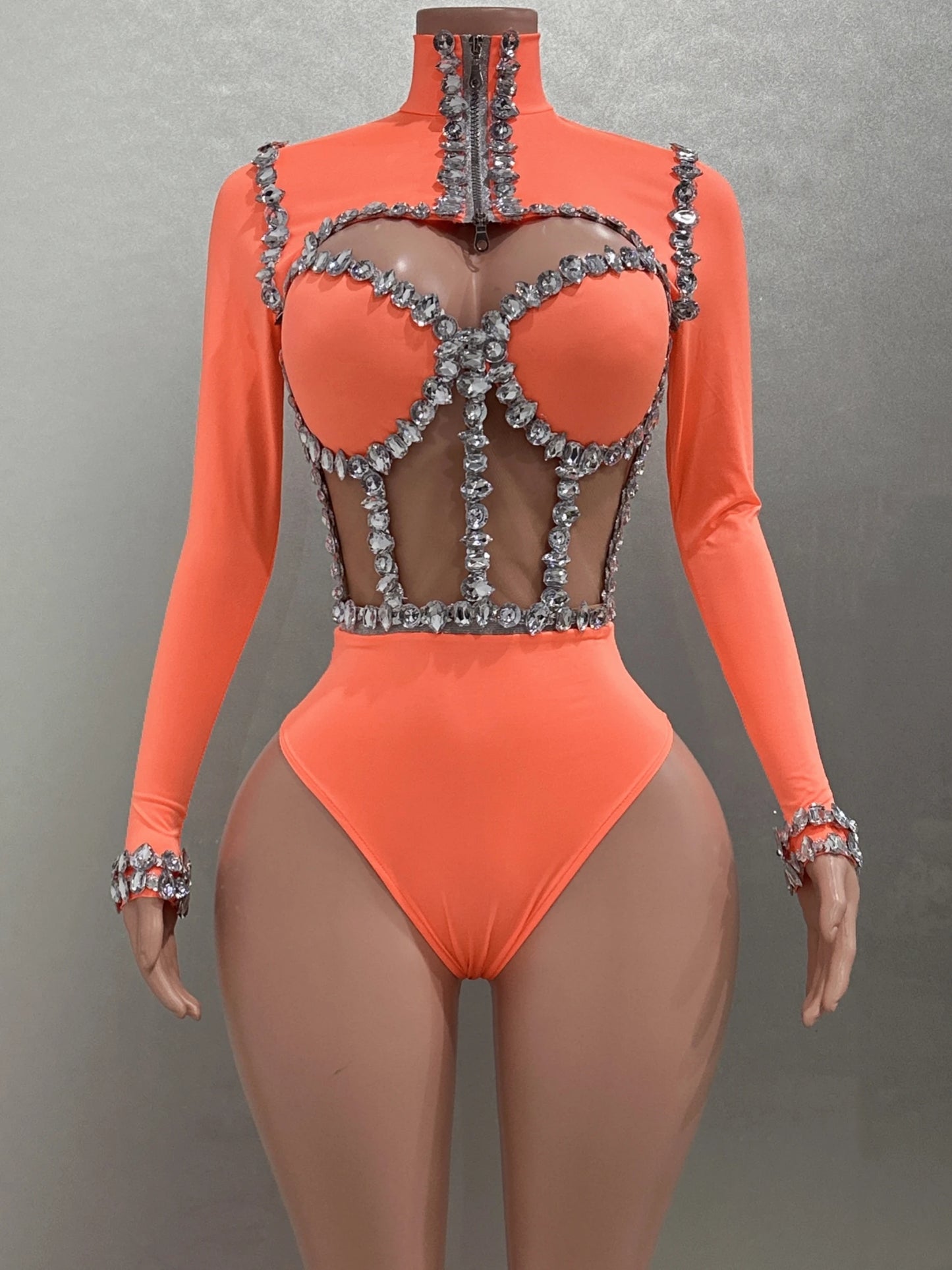 Sexy See-Through Strapless Rhinestone Tops Zipper Jacket High-waisted Shorts 3-Pieces Sets Party Nightclub Perfprmance Costume