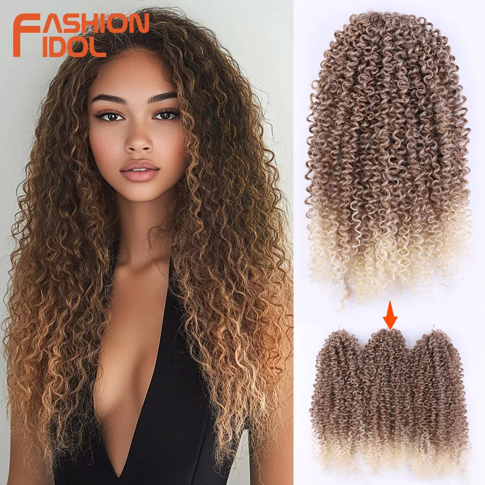 FASHION IDOL 200g 3pcs Afro Kinky Curly Braiding Hair Synthetic Crochet Hair 18 Inch Ombre Brown Passion Twist Hair Extensions