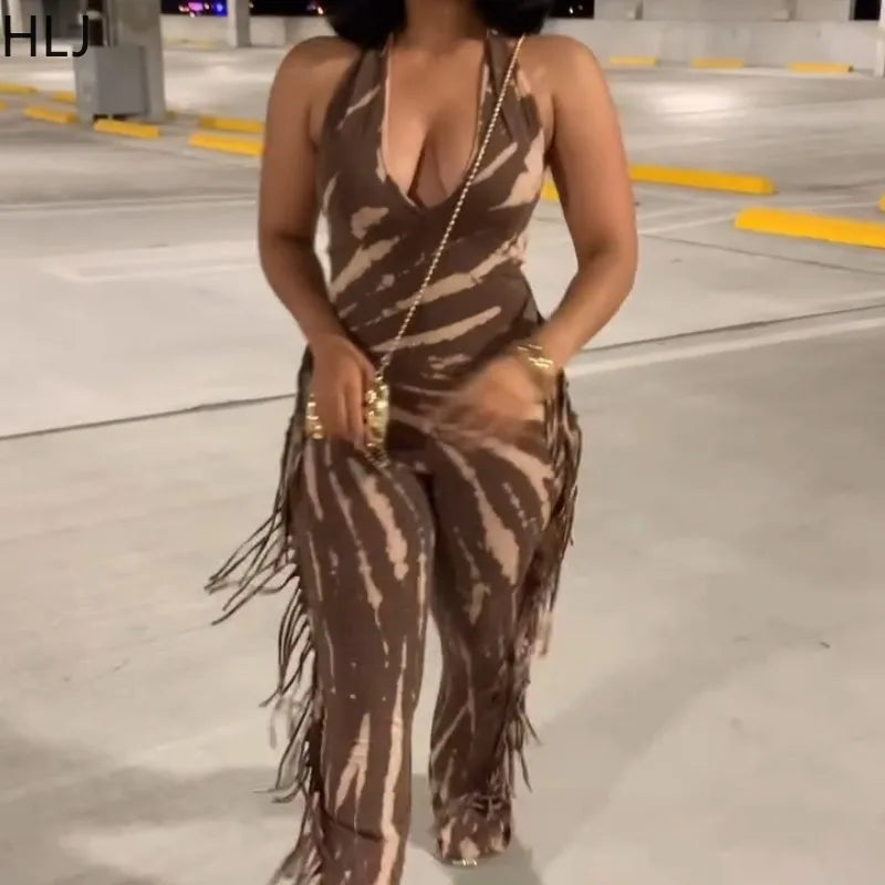 HLJ Sexy Striped Print Tassel Patchwork Bodycon Jumpsuit Women Halter Backless Skinny Rompers Female Party Clubwear Overalls New