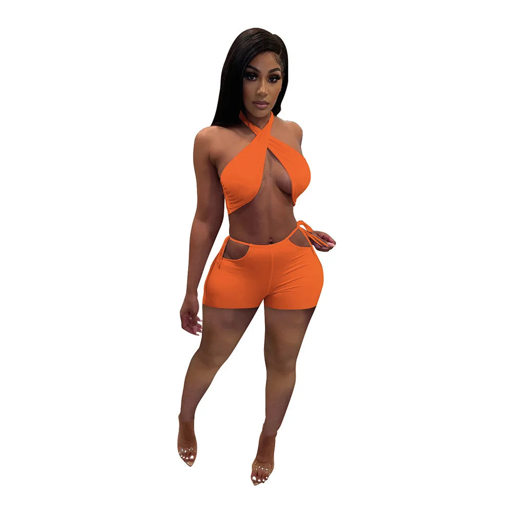 Two Piece Sets for Women Ruched Bandage Criss Cross Solid Women 2024 Spring Backless Club Crop Top and Shorts Matching Set