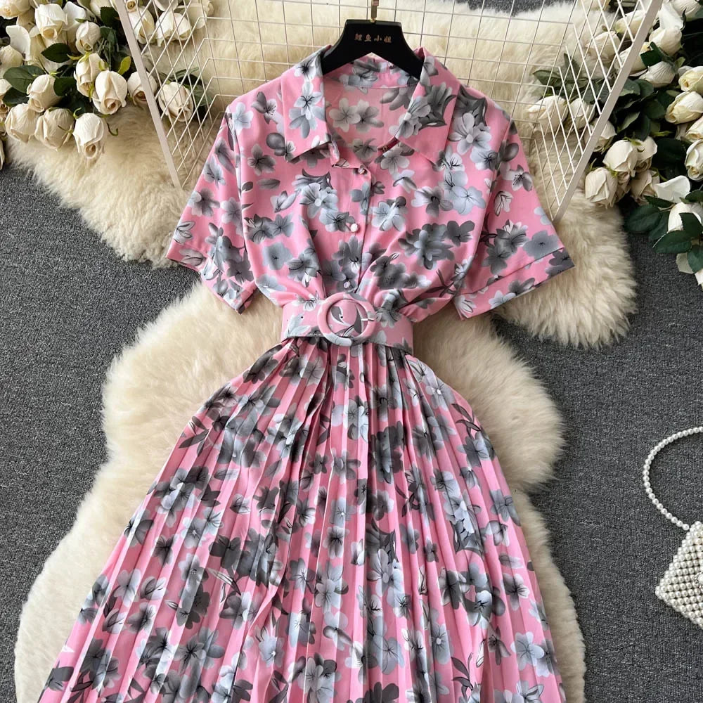2024 Summer Women Floral Pleated Dress Vintage Turn-Down Collar Short Sleeve Single Breasted Printed Draped Midi Vestidos New