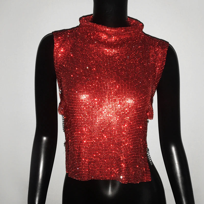 Sexy Rhinestone Backless Party Crop Top Women Glitter Turtleneck TShirt Adjustable Metal Chain Summer Nightculb Diamond Tank Top