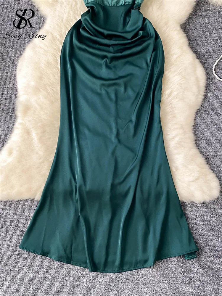 SINGREINY Evening Party Senior Slim Dress Women Spaghetti Strap Backless Zipper Sleeveless Bodycon 2024 Newest Satin Long Dress