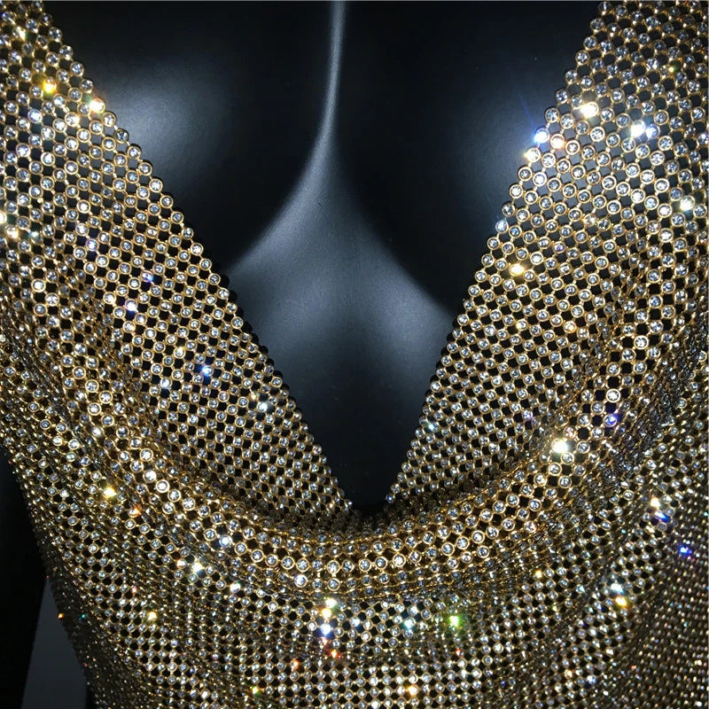 Festival Brilliant Rhinestone Backless Party Crop Top Women 2024 Summer Glitter Evening V Neck Diamonds Metal Tank Tops