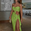 Hugcitar Fashion 2 Pcs Sets Strapless Tie Flower Draped Sexy Crop Tank Top Slit Tassel Maxi Skirt Women Outfit Festival Party