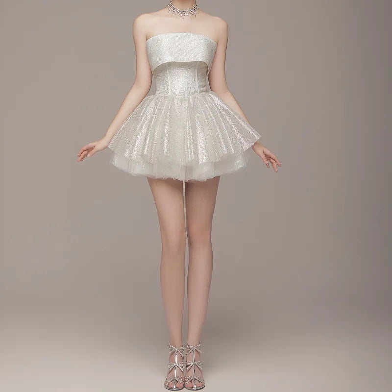 Elegant Strapless Corset Short Dress Off Shoulder Shiny Dresses Sparkly Backless Robe Ball Gown Birthday Evening Party Cocktail
