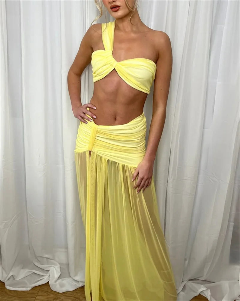 Mozision Summer Sexy Skirt Two Piece Sets Women One Shoulder Crop Top And Maxi Skirt Female Elegant Beach Club Party 2 Piece Set