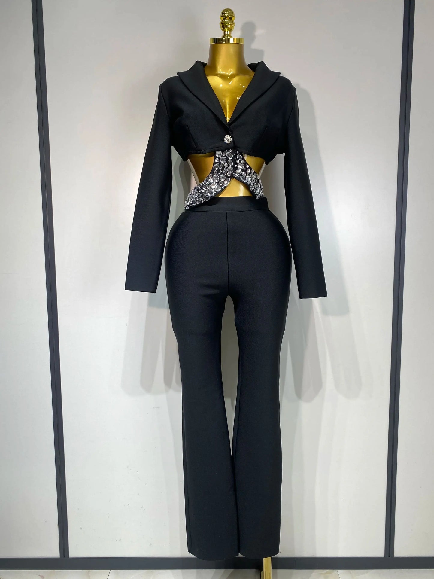 Women Sexy Long Sleeve Beading Bodycon Two Pieces Pants Bandage Set 2025 Celebrity Designer Fashion Women's Luxury Birthday Set