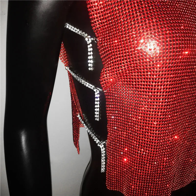 Sexy Rhinestone Backless Party Crop Top Women Glitter Turtleneck TShirt Adjustable Metal Chain Summer Nightculb Diamond Tank Top