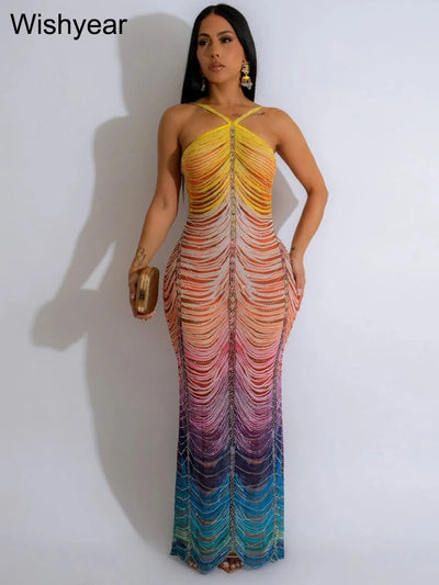 New Gradient Rhinestone Tie Dye Print Halter Mermaid Long Dresses Women Backless Sleeveless Slim Birthday Party Prom Vestidos