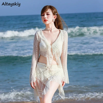 Bikini Sets Women Long Sleeve Irregular Three Pieces Lace-up Summer Sun-proof Vintage European Style Sexy Swimwear Beach Outfit