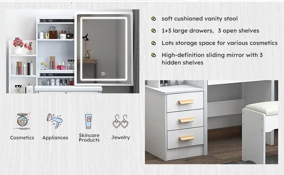 Makeup Vanity Set with Mirror and Light, Storage Drawer, Chair and Shelf, Adjustable Brightness Makeup Vanity with Light