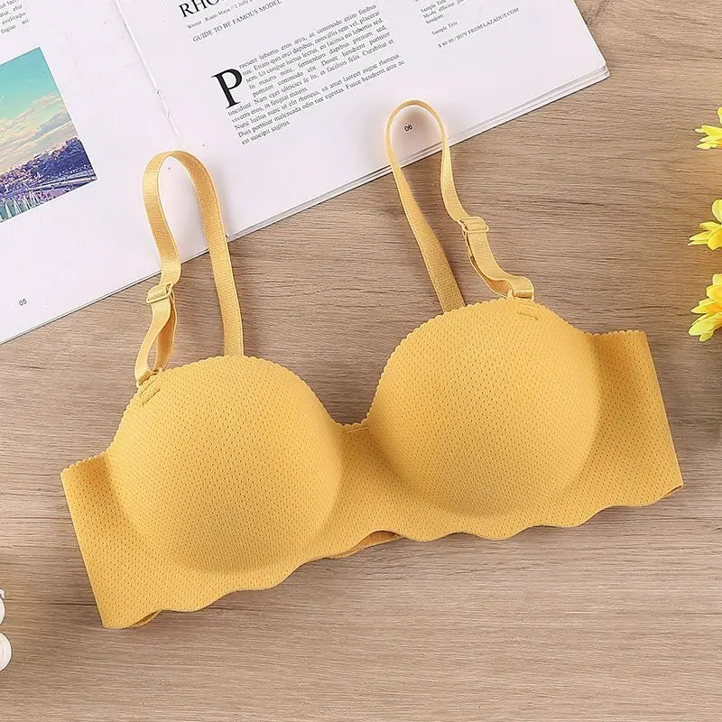 Explosive French Simple British Ice Silk Bra One Piece Thick Cup Girls Gathering No Steel Rings Women's Underwear